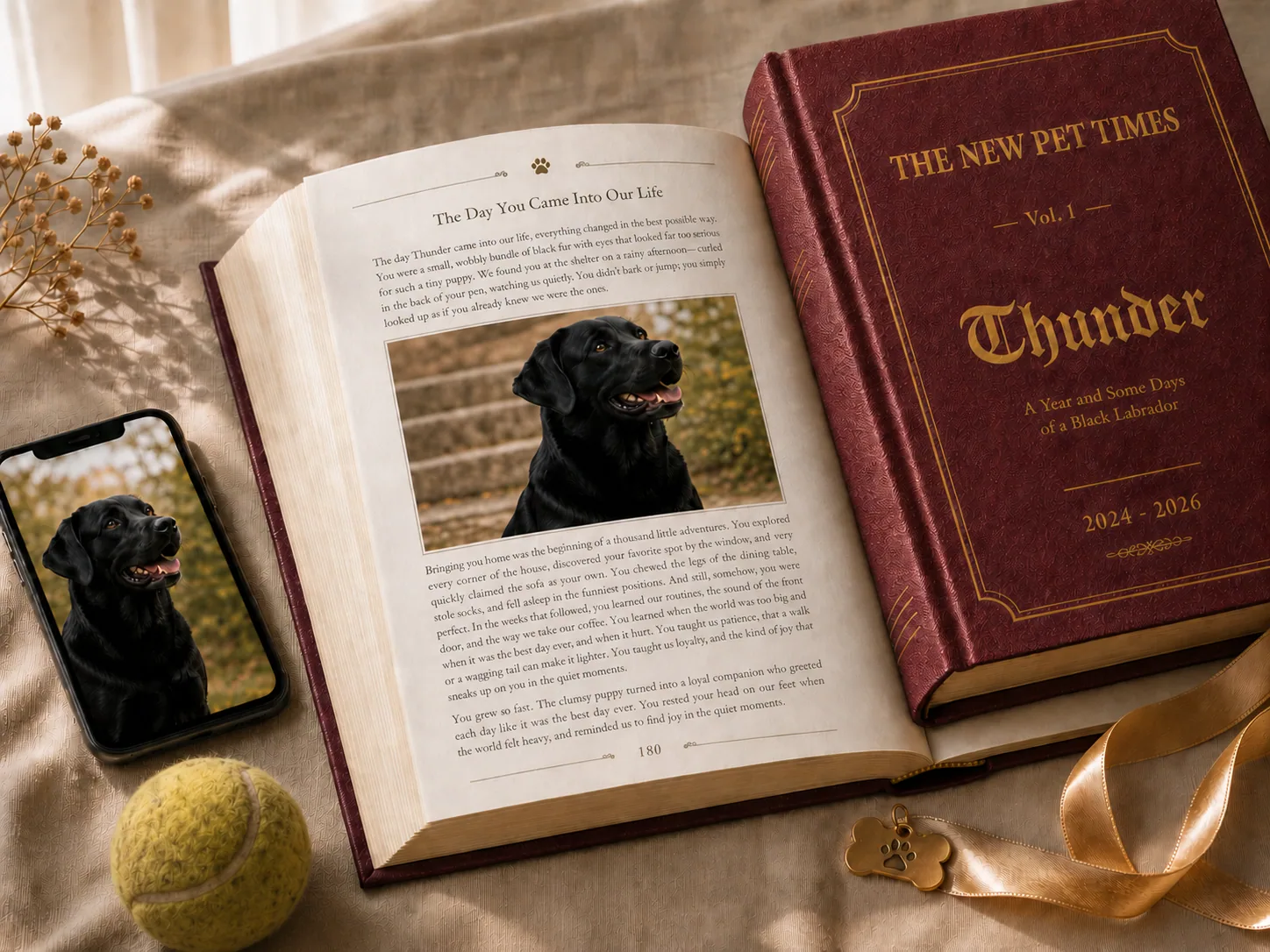 ペットの写真が物語のページになり、積み重なったページが一冊のハードカバーになる様子 — The New Pet Times