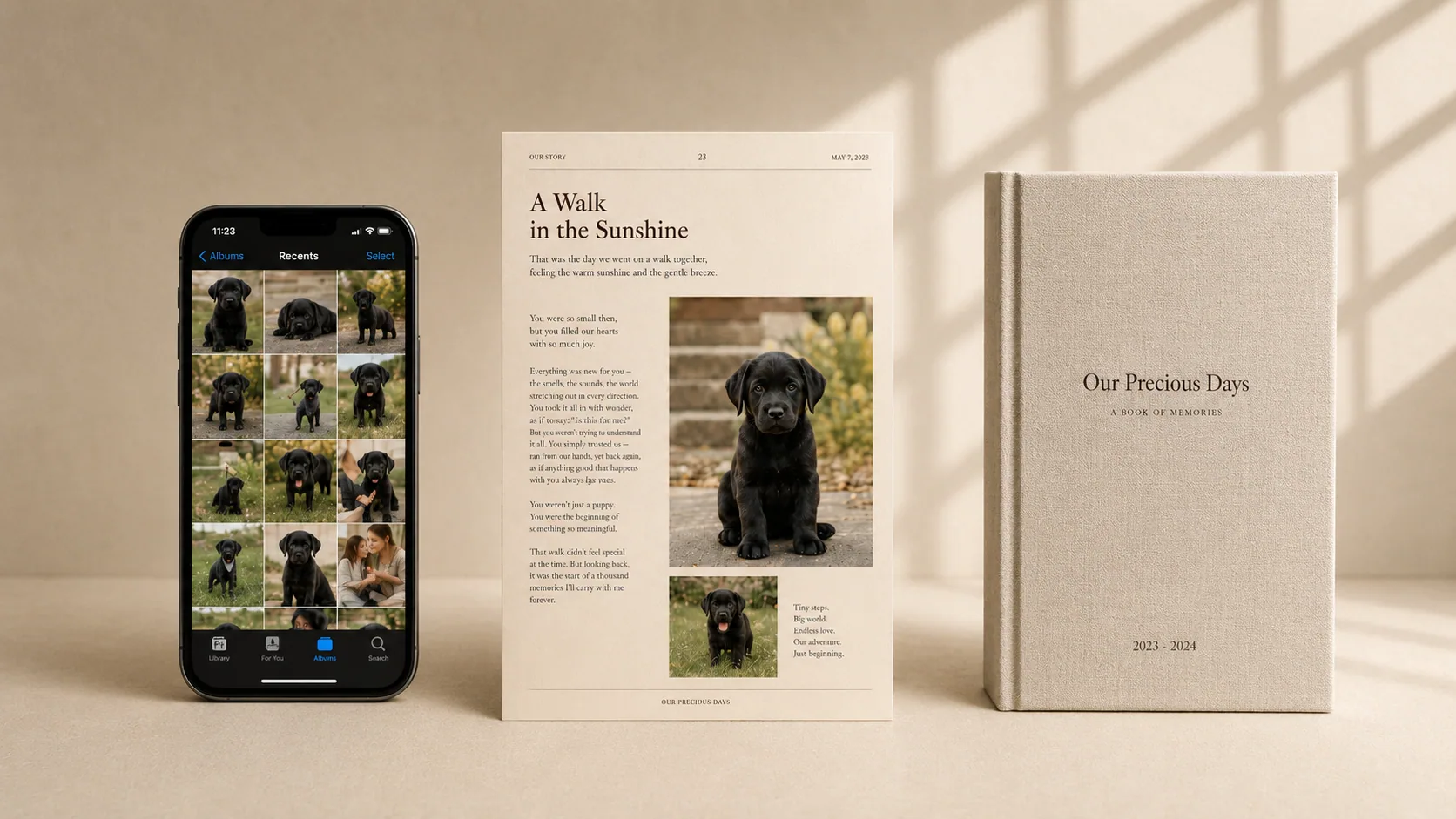 カメラロールに散らばったペットの写真が、一冊の記録にまとまる before / after