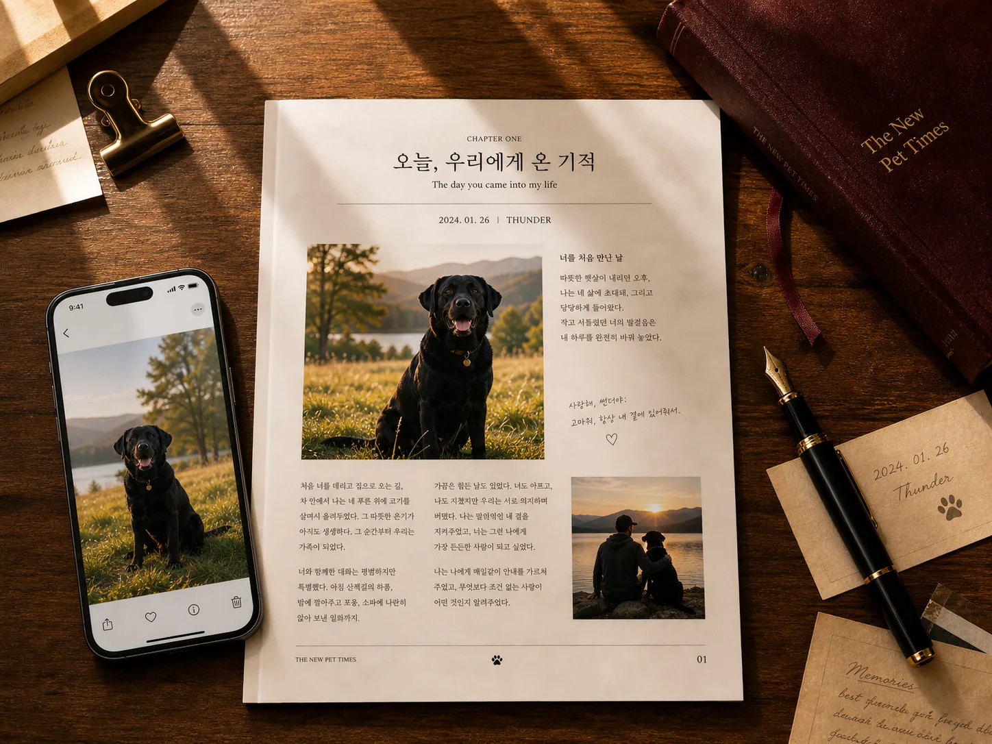 펼친 양장본 첫 페이지 — 반려동물 사진과 날짜·이름·이야기가 편집된 지면